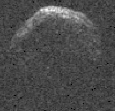 Arecibo radar image of 1950 DA on 4 March 2001, from a distance of 0.052 AU (22 lunar distances). Vertical resolution is 15 m and horizontal resolution is 0.125 Hz (7.9 mm s^-1 in radial velocity). Image from S. Ostro (JPL).