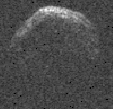 Immagine radar Arecibo di 1950 DA il 4 marzo 2001, da una distanza di 0,052 AU (22 distanze lunari). La risoluzione verticale è di 15 m e quella orizzontale di 0,125 Hz (7,9 mm s^-1 di velocità radiale). Immagine da S. Ostro (JPL).