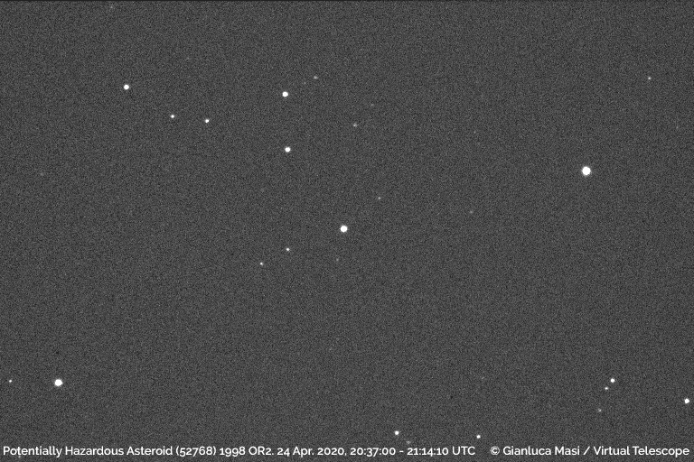 [<em>click image to show animation</em>] Asteroid 1998 OR2 (central bright dot) as it traversed through the constellation Hydra five days before closest approach. The asteroid was about 7 million kilometers (4.4 million miles) away from Earth at the time. Credit: Dr. Gianluca Masi (Virtual Telescope Project)