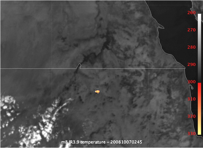 <b>Figure 4.</b> Meteosat 8 / EUMETSAT infrared image of the 2008 TC3 explosion.