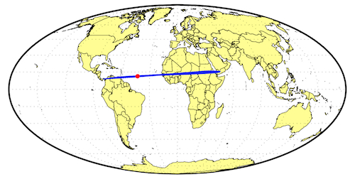 Global map showing possible impact locations of 2014 AA based on Catalina Sky Survey images (blue band), and probable impact location based on infrasound data (red dot).