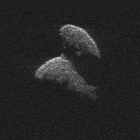 Figure 4:  This animation of 2014 JO25 was compiled from the observations made by the 300-meter Arecibo Observatory near closest approach on 19 April 2017.   The resolution is 7.5 meters /pixel.  There are small bright features that may be boulders on the surface as well as raised topography that is casting shadows (Arecibo Observatory/NSF/NASA).