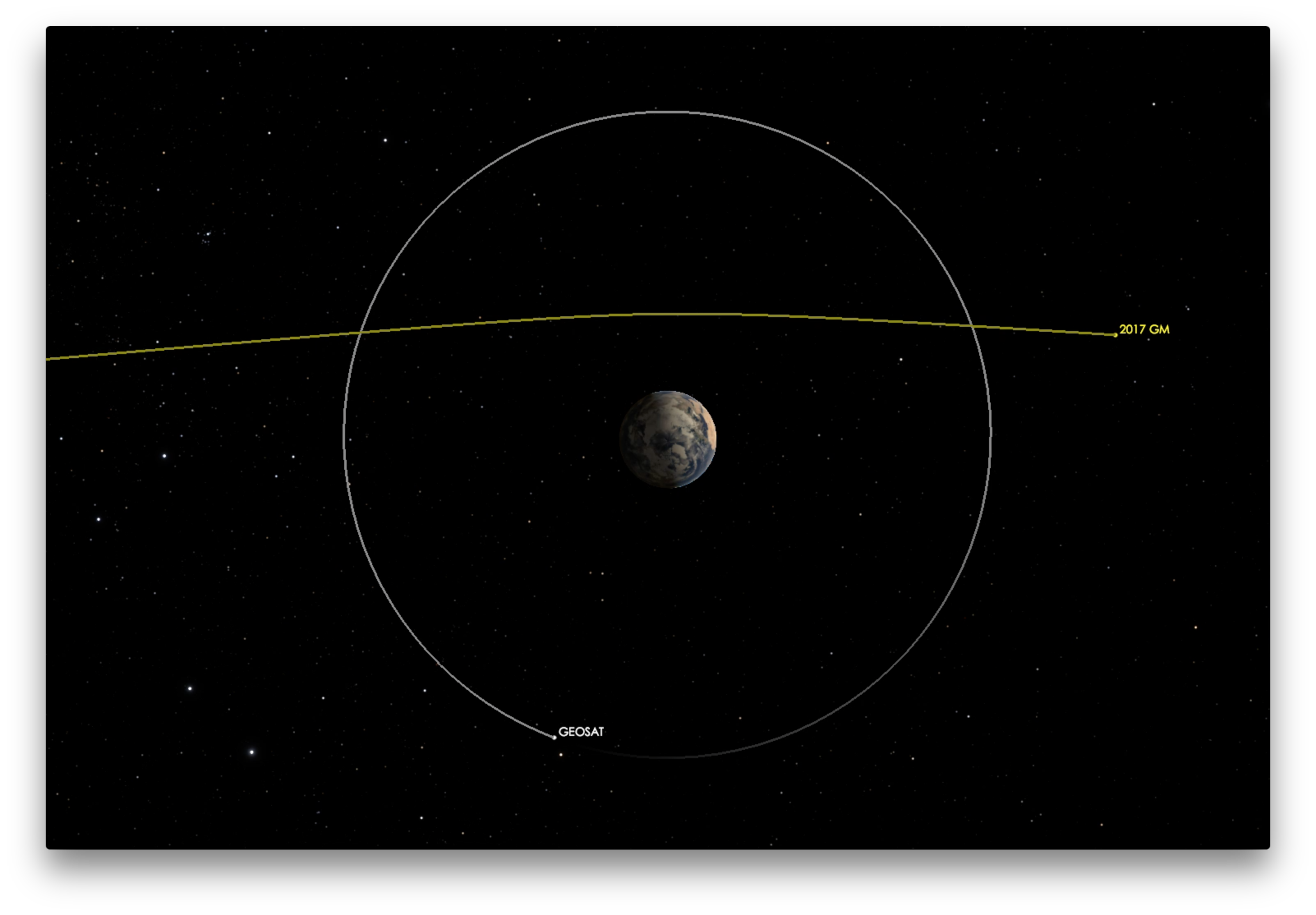 View of 2017 GM during its close approach passing above the geosynchronous satellite ring. Click the image for an animation of the flyby.