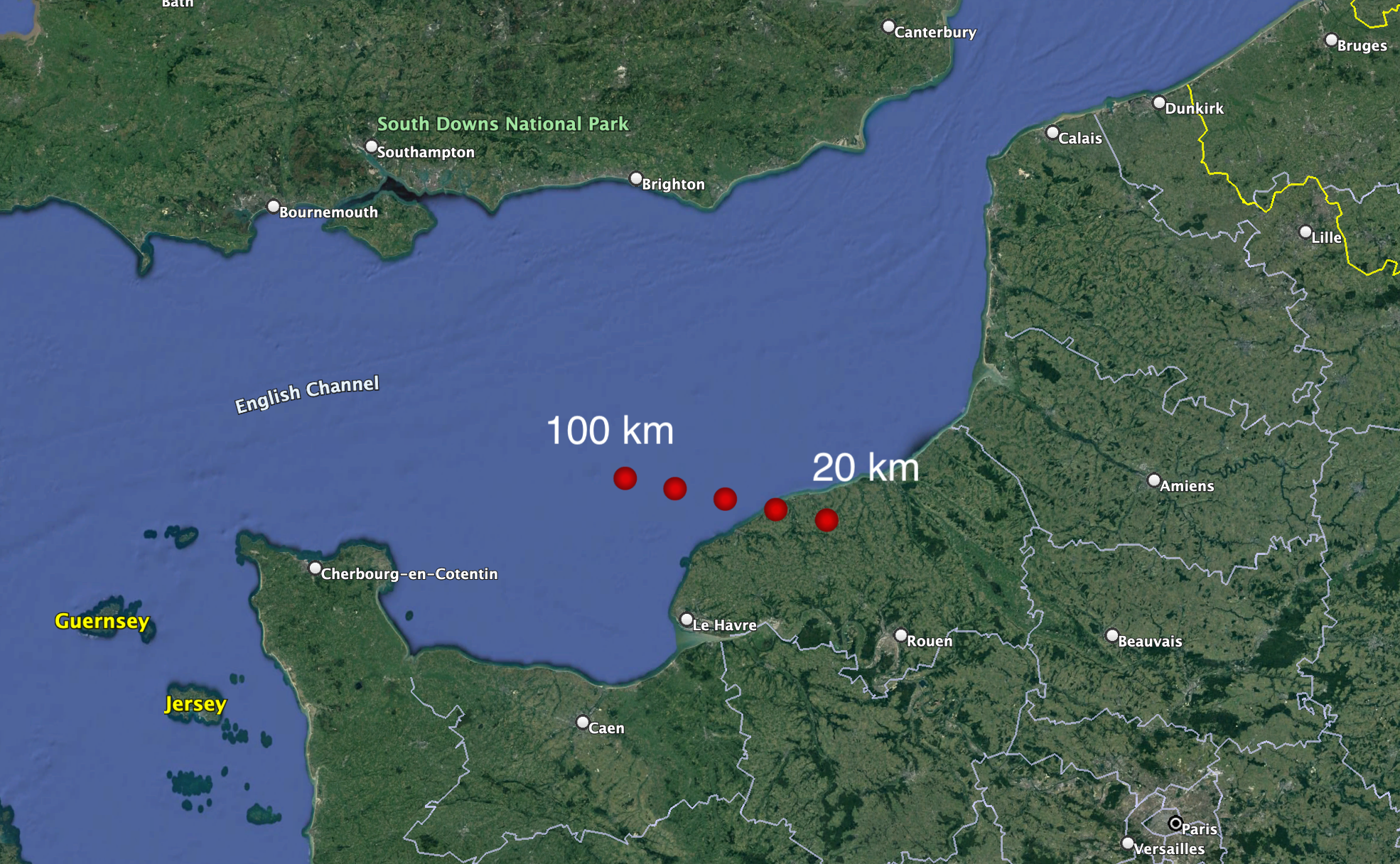 Ground track of 2023 CX1: Projection on the ground of the location of 2023 CX1 as the altitude decreases from 100 km to 20 km.