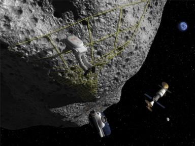 Graphic showing an astronaut visiting an asteroid