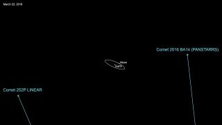 Comet 252P/LINEAR will safely fly past Earth on March 21, 2016, at a range of about 3.3 million miles (5.2 million kilometers). The following day, comet P/2016 BA14 will safely fly by our planet at a distance of about 2.2 million miles (3.5 million kilometers). Image credit: NASA/JPL-Caltech