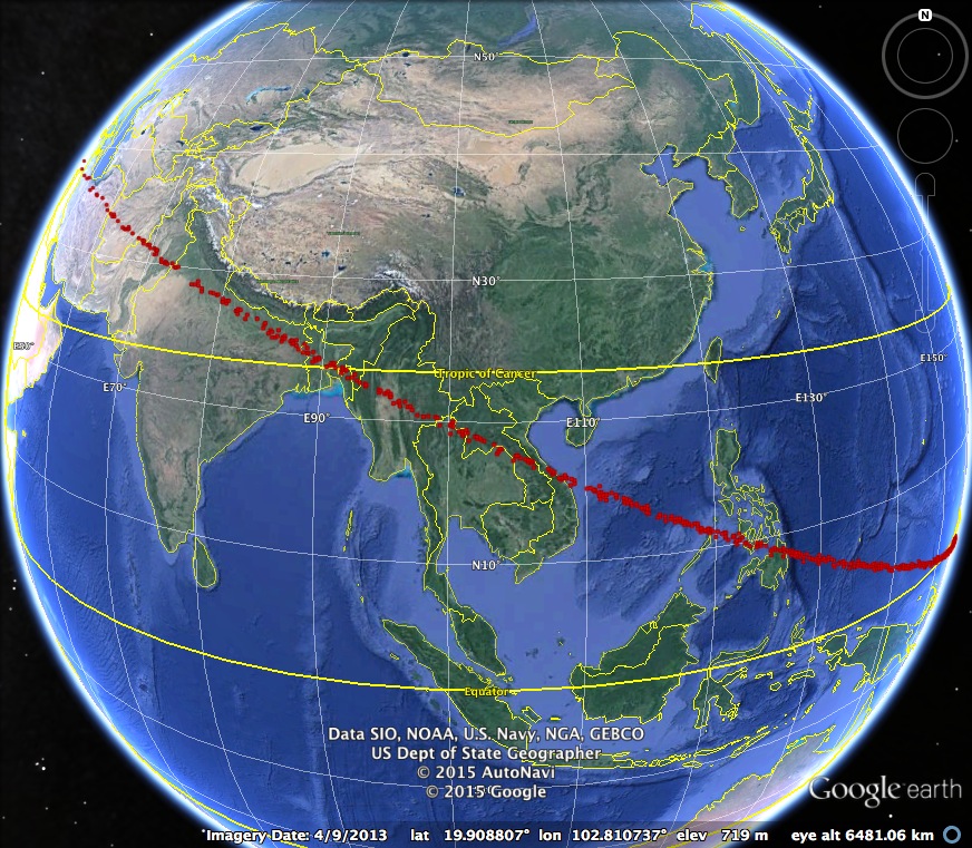 This pair of images shows the updated risk corridor, traced by the red dots. The corridor is somewhat narrower than several months ago, but it still extends from the eastern Pacific Ocean, South Pacific, Philippines, South China Sea, Southeast Asia, Myanmar, Bangladesh, India, Pakistan, Afghanistan, Iran, and Turkey. In the event that the asteroid will impact the Earth, it will impact somewhere within the region traced by the red dots.
