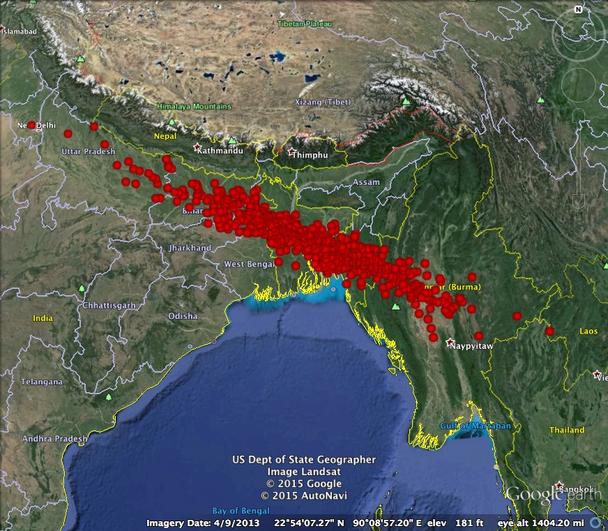The latest impact footprint released by IAWN for the fragment of asteroid 2015 PDC. The impact will occur only 7 months from now, and the location will be either in India, Bangladesh, or Myanmar. IAWN notes that the large cities of New Delhi and Dhaka are within the footprint, and these cities should make preparations for possible evacuation.