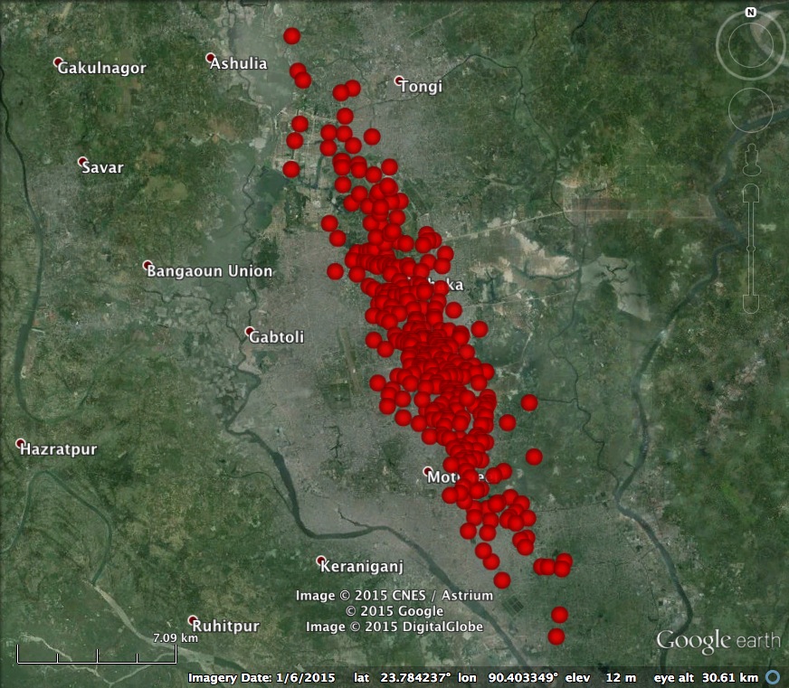 Impact footprint for the asteroid fragment of 2015 PDC, based on the recent radar measurements from NASA’s Goldstone station. The footprint is about 20 km long and 5 km wide and centered over the city of Dhaka, captial of Bangladesh.