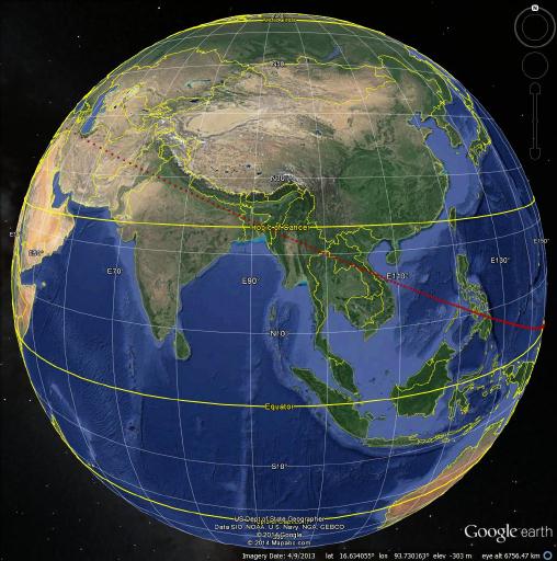 The corridor wraps more than halfway around the globe, as depicted by the red dots on these two Google Earth images.