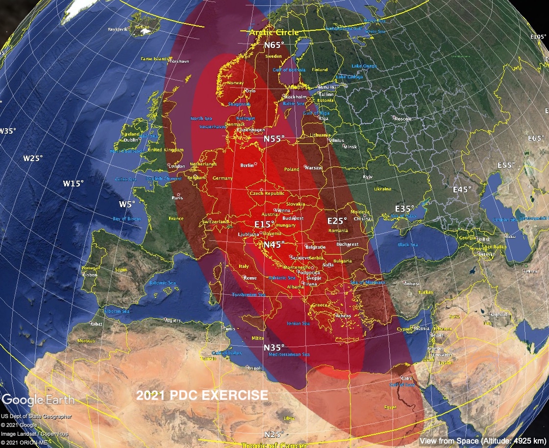 This image shows the current predicted impact region for 2021 PDC. There is a 99% chance the impact will occur within the boundary of the entire shaded region; the boundaries of the two inner shaded regions indicate other probability levels: the chance of impact is 87% inside the middle contour, and 40% inside the central dark-red region.