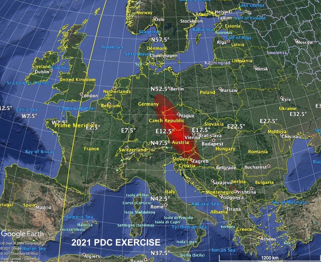 This image shows the current region within which the impact is predicted to occur. There is a 99% chance the impact will be located within the full shaded region, 87% chance it will occur within the middle contour, and 40% inside the dark red central region. The region where serious damage may occur is even larger, since serious damage may occur tens or hundreds of kilometers from the impact point.