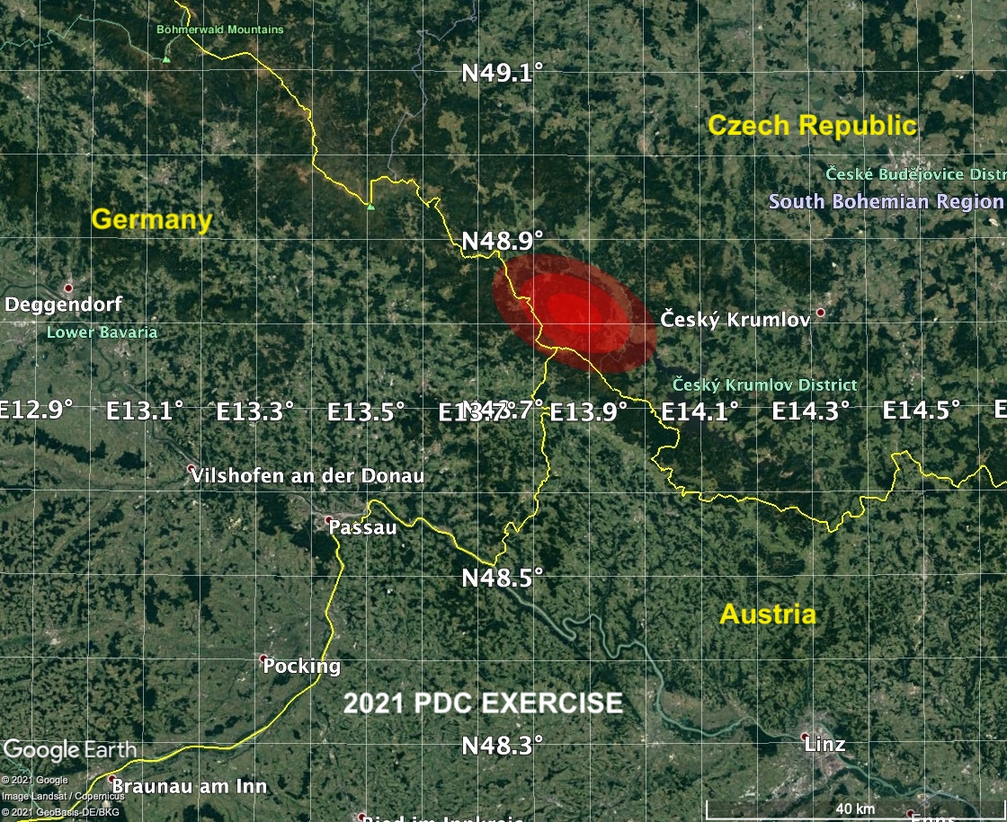 The shaded regions in this image show where the impact is most likely to occur. There is a 99% chance the impact will be located within the outer contour, 87% inside the middle contour, and 40% inside the central dark red region.