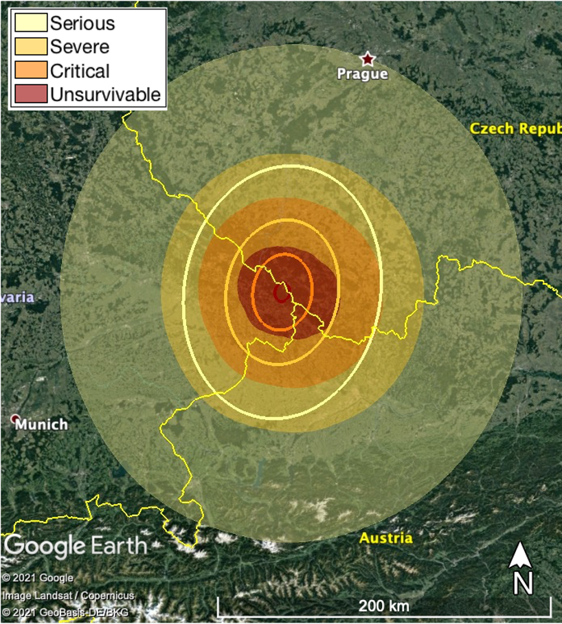 This image shows the full range of regions potentially at risk to local ground damage from all modeled cases (shaded regions). The line contours correspond to the average damage risk case.