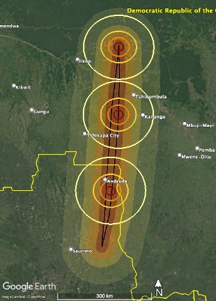 Google Earth maps of potential risk region and sample median damage sizes