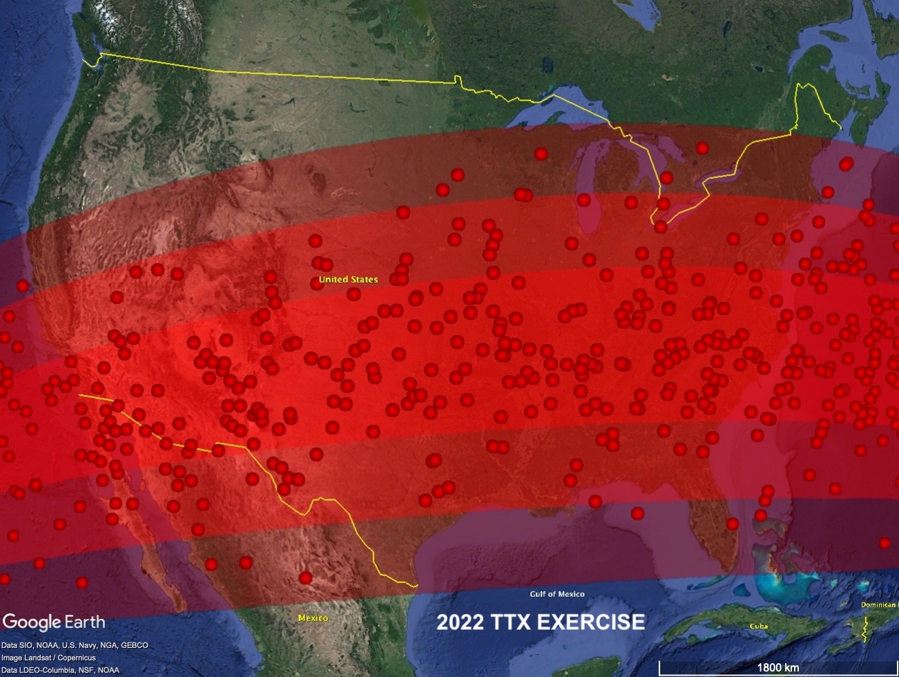 This image zooms in on the portion of the predicted impact region that cross the U.S.